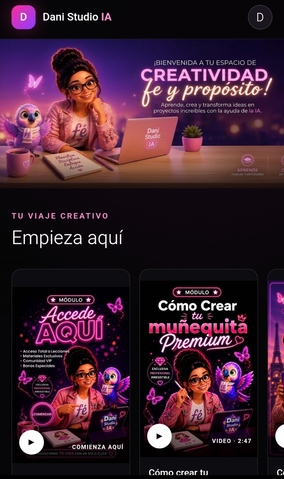 Página inicial y primeros módulos del área de miembros de Dani Studio IA en español