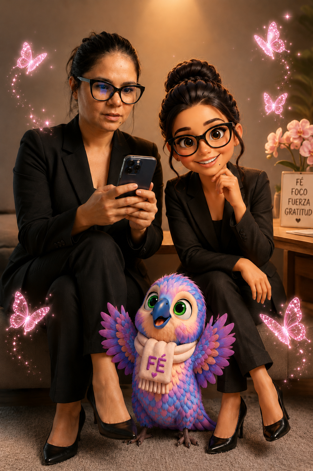 Dani con su avatar realista, muñequita Premium y mascota Fefê